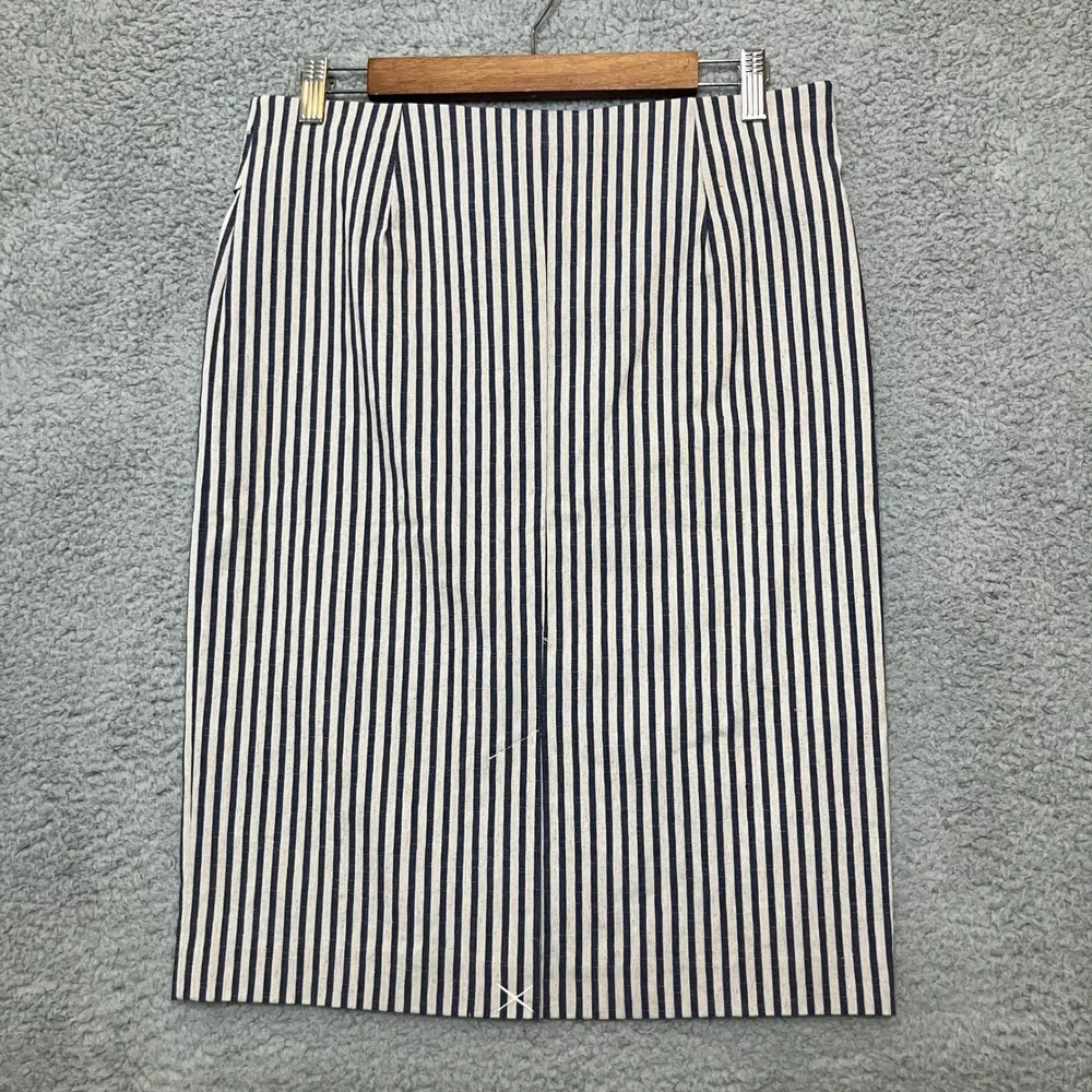 NWOT Linda Matthews Pencil Skirt Women M Navy Oatmeal Linen Blend Striped Belted